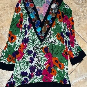 T-Bags Green and Pink Graphic Embellished Tunic
